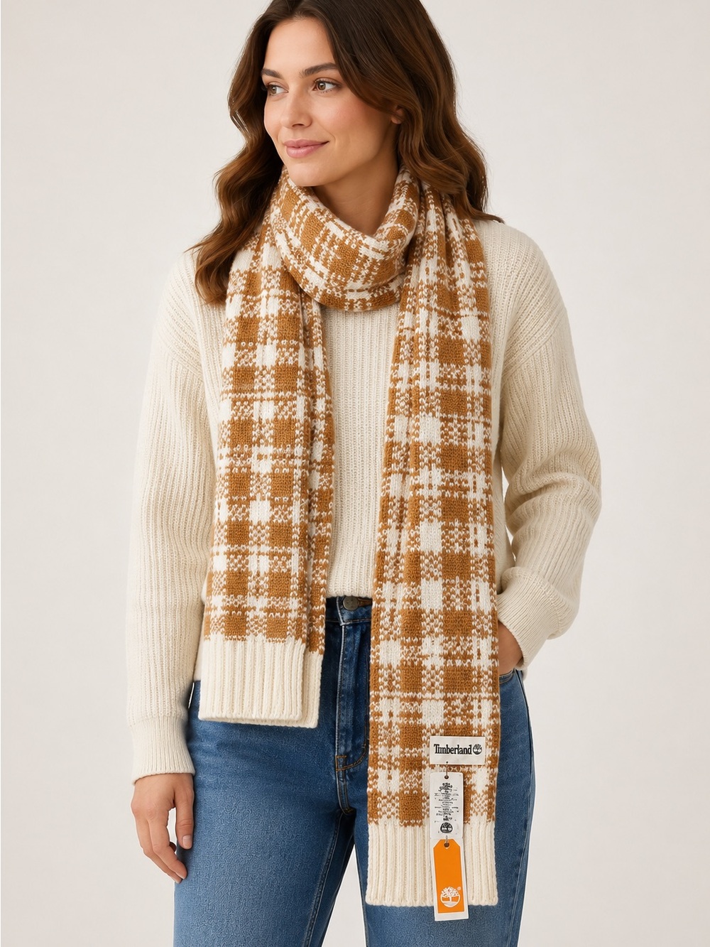 Timberland Plaid Knit Scarf Cream Camel NWT 63” Cozy Winter